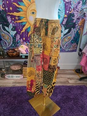 Golden Bazaar – Acid Wash Cotton Art Panel Harem Pants with Pockets